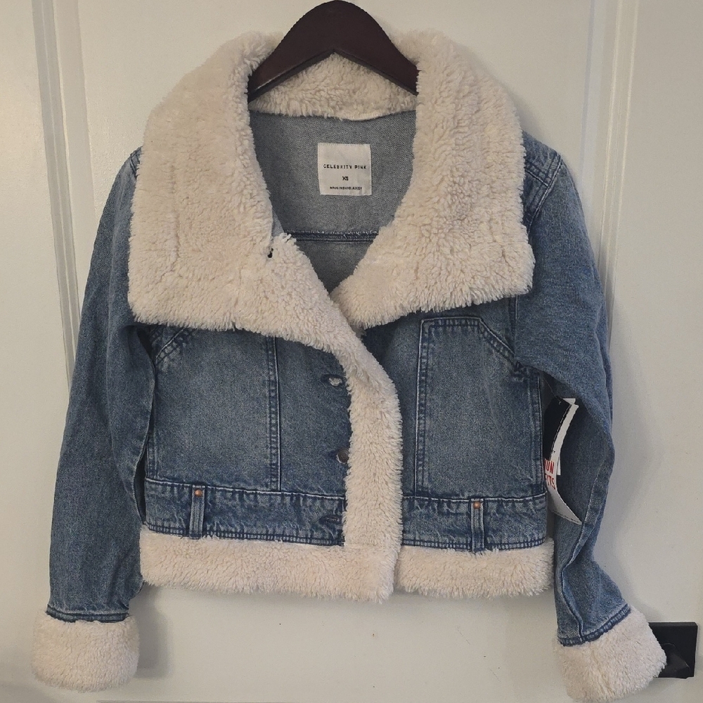 NWT: Celebrity Pink Medium Wash Jean Jacket with Cream Sherpa Lining